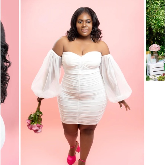 White Off-Shoulder Ruched Mini Dress, Perfect for Bridal Shower or Bachelorette! - Picture 1 of 4